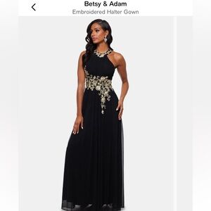 Betsy & Adam embroidered halter gown